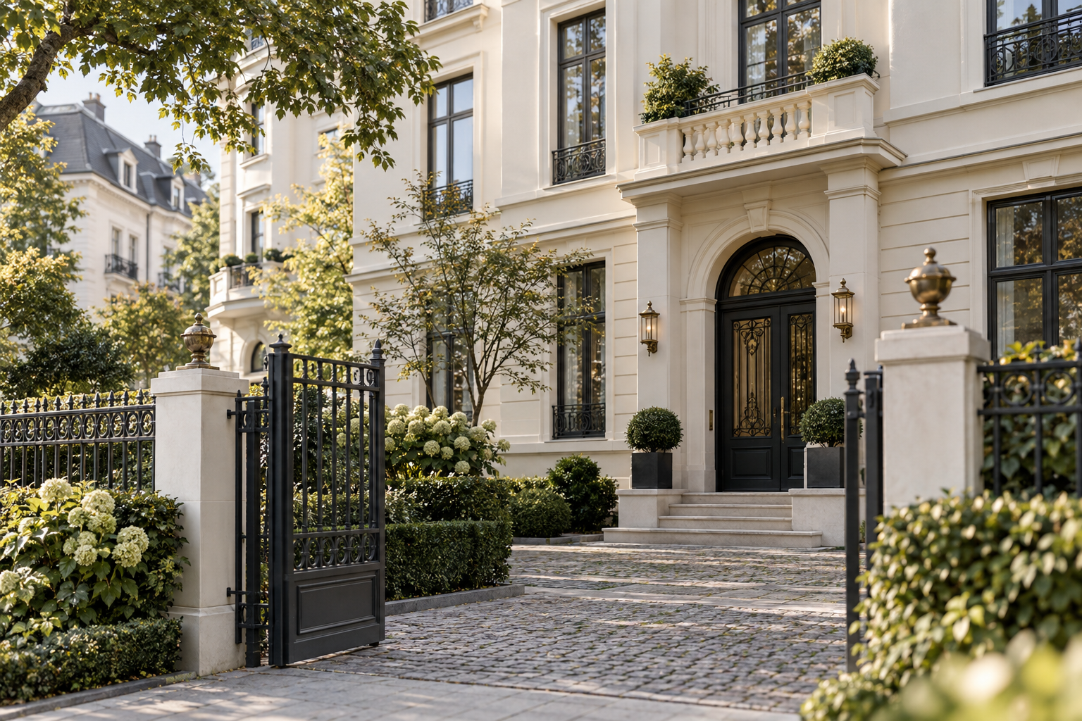 Fiktives hochwertiges Wohngebäude mit heller Fassade, Bäumen und schmiedeeisernem Tor